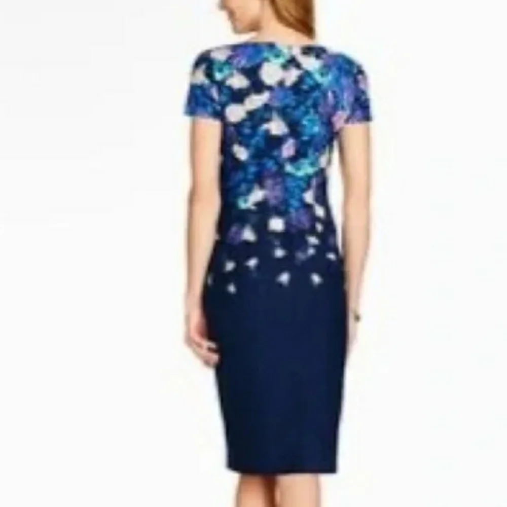 Talbots Dress Cotton Lined Floral Blue Back Zipper Short Sleeve Size 14